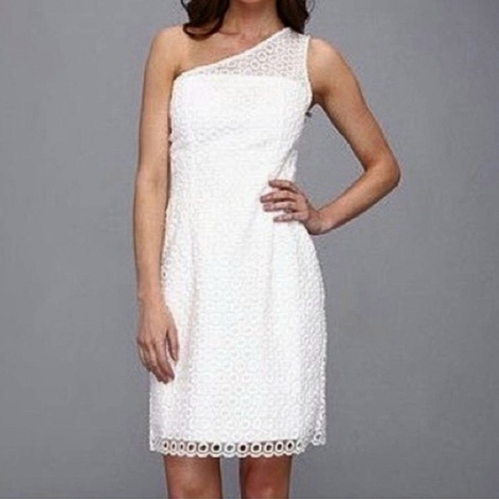 Lilly Pulitzer One Shoulder Crochet Lace Overlay Sheath Dress Women's Sz 6 White